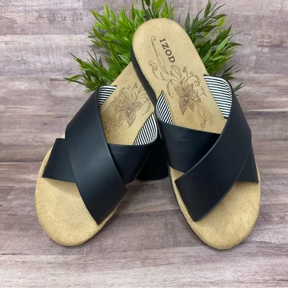 IZOD Alyssa Black Women s Cross Strap Comfort slide sandals Size 6.5
